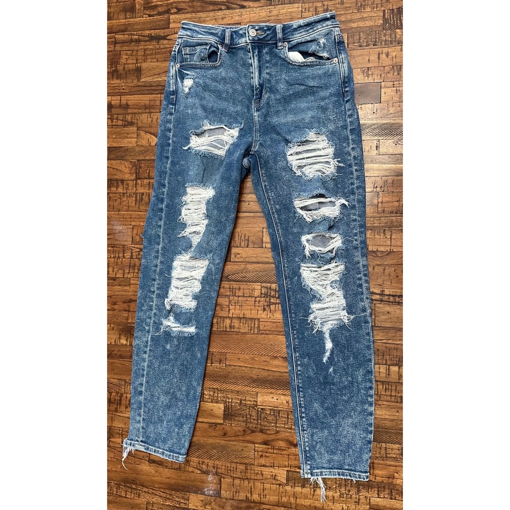 American Eagle Distressed Mom Jeans Sz 4 Regular Acid Wash Ripped High Rise Blue